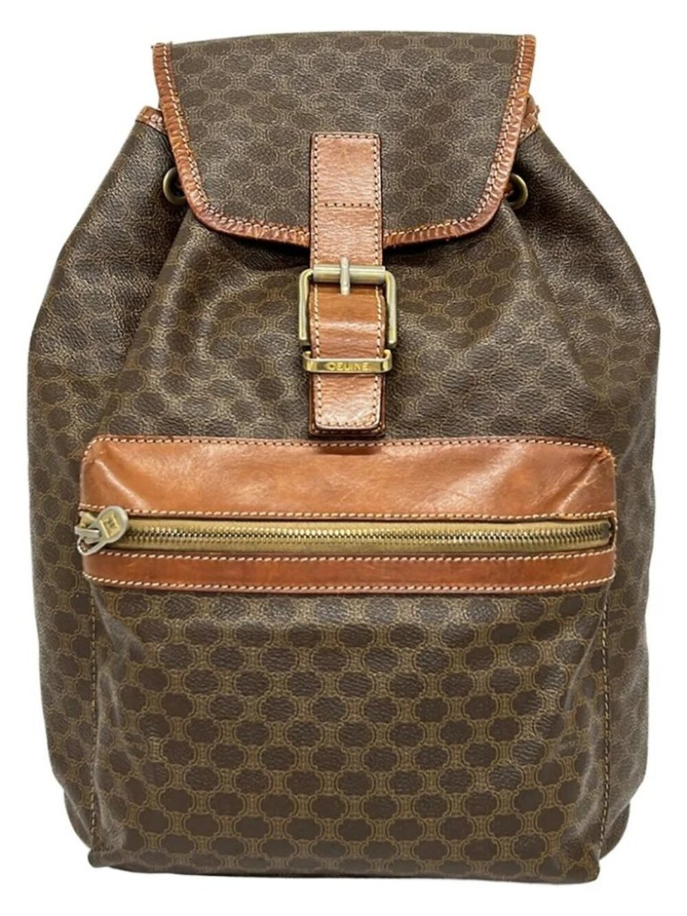 CELINE Macadam Dark Brown Beige Brown PVC Leather Backpack